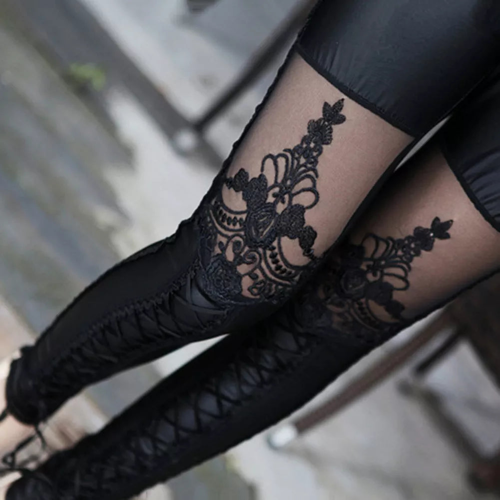 Stylish Nine-Point Faux Leather Gothic Punk Leggings for Women with Imitation Lace Detailing