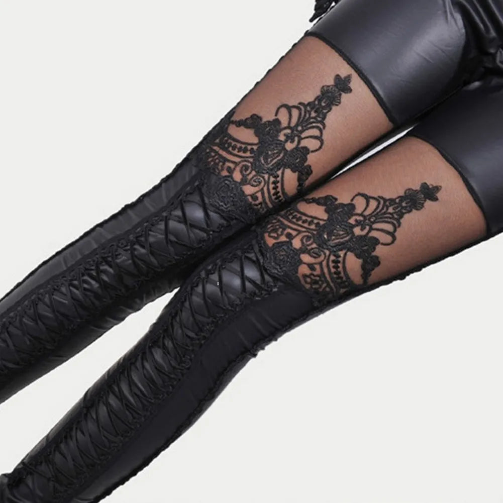 Stylish Nine-Point Faux Leather Gothic Punk Leggings for Women with Imitation Lace Detailing