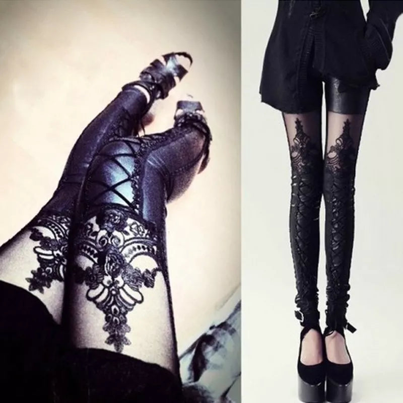 Stylish Nine-Point Faux Leather Gothic Punk Leggings for Women with Imitation Lace Detailing