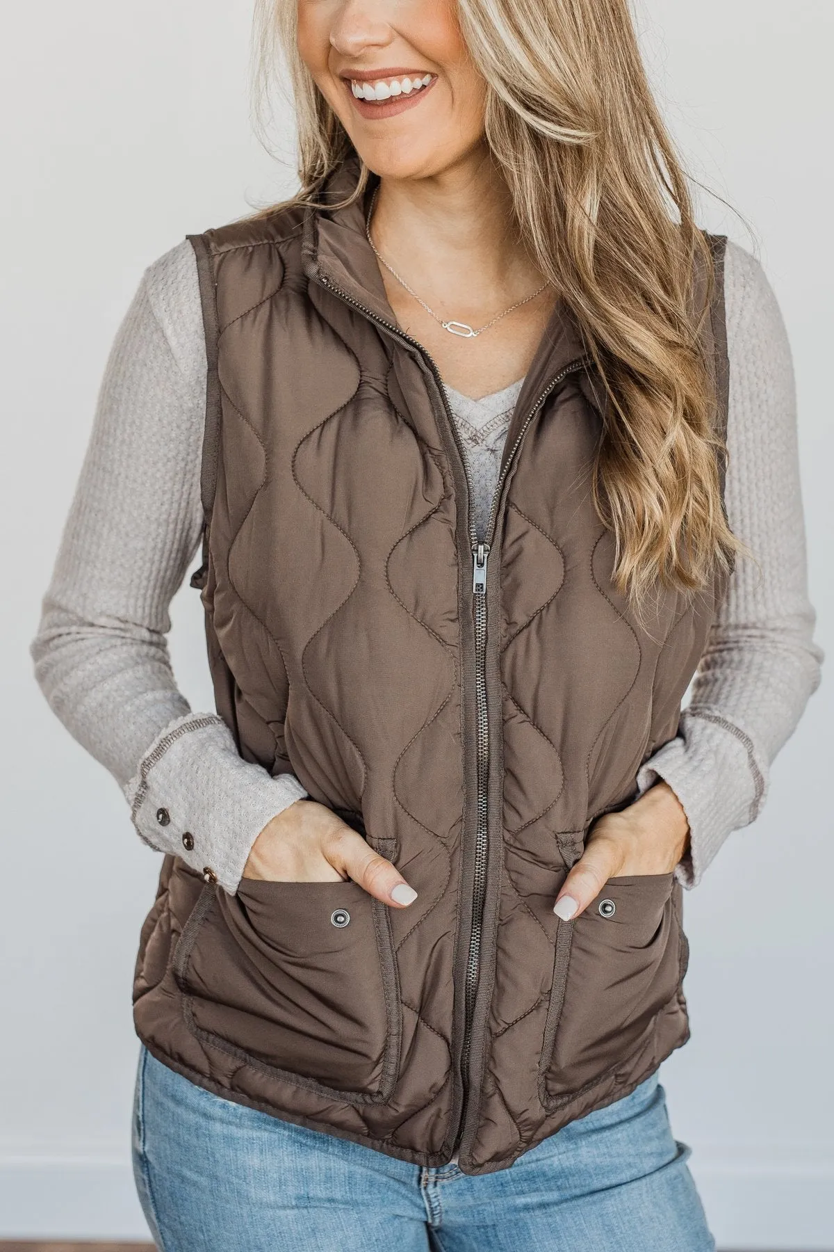 Warms My Heart Pocket Puffer Vest- Dark Taupe