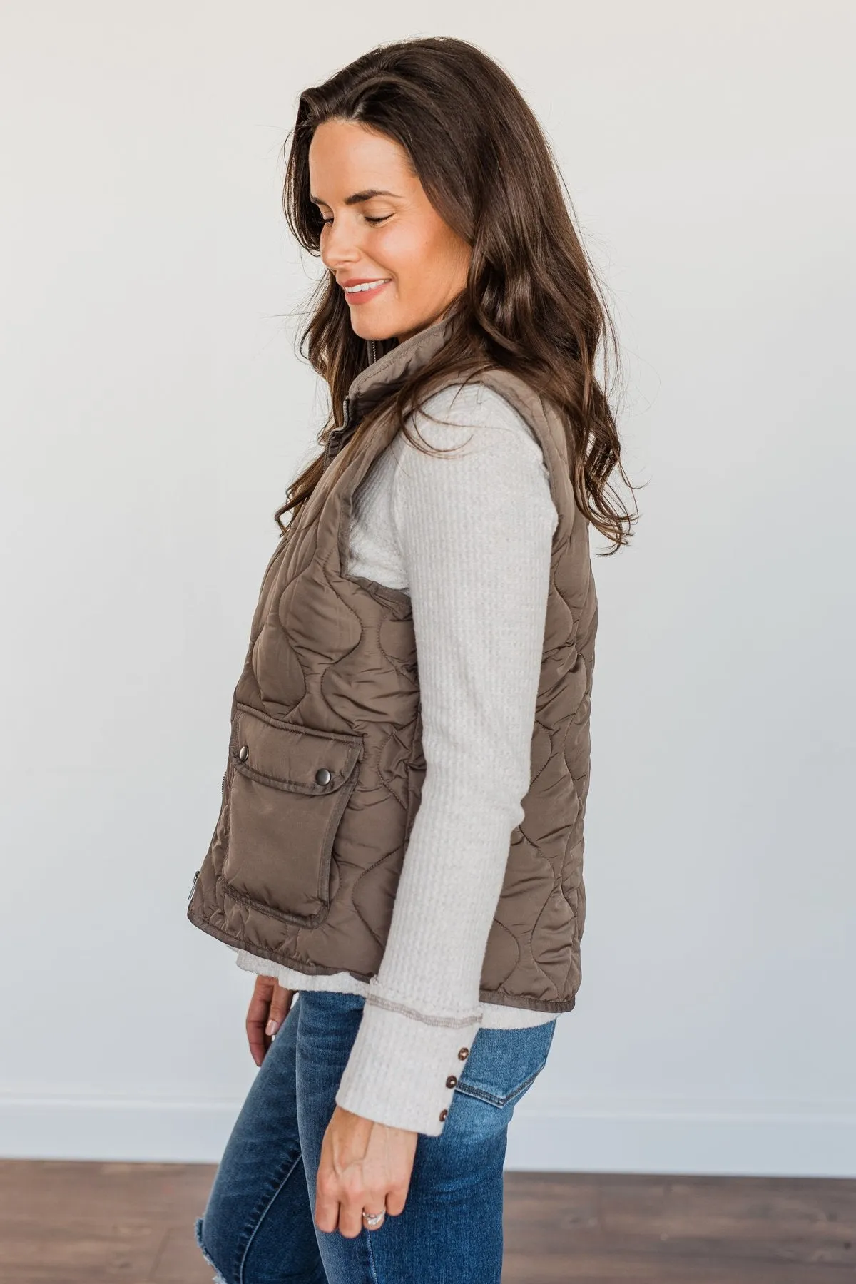 Warms My Heart Pocket Puffer Vest- Dark Taupe