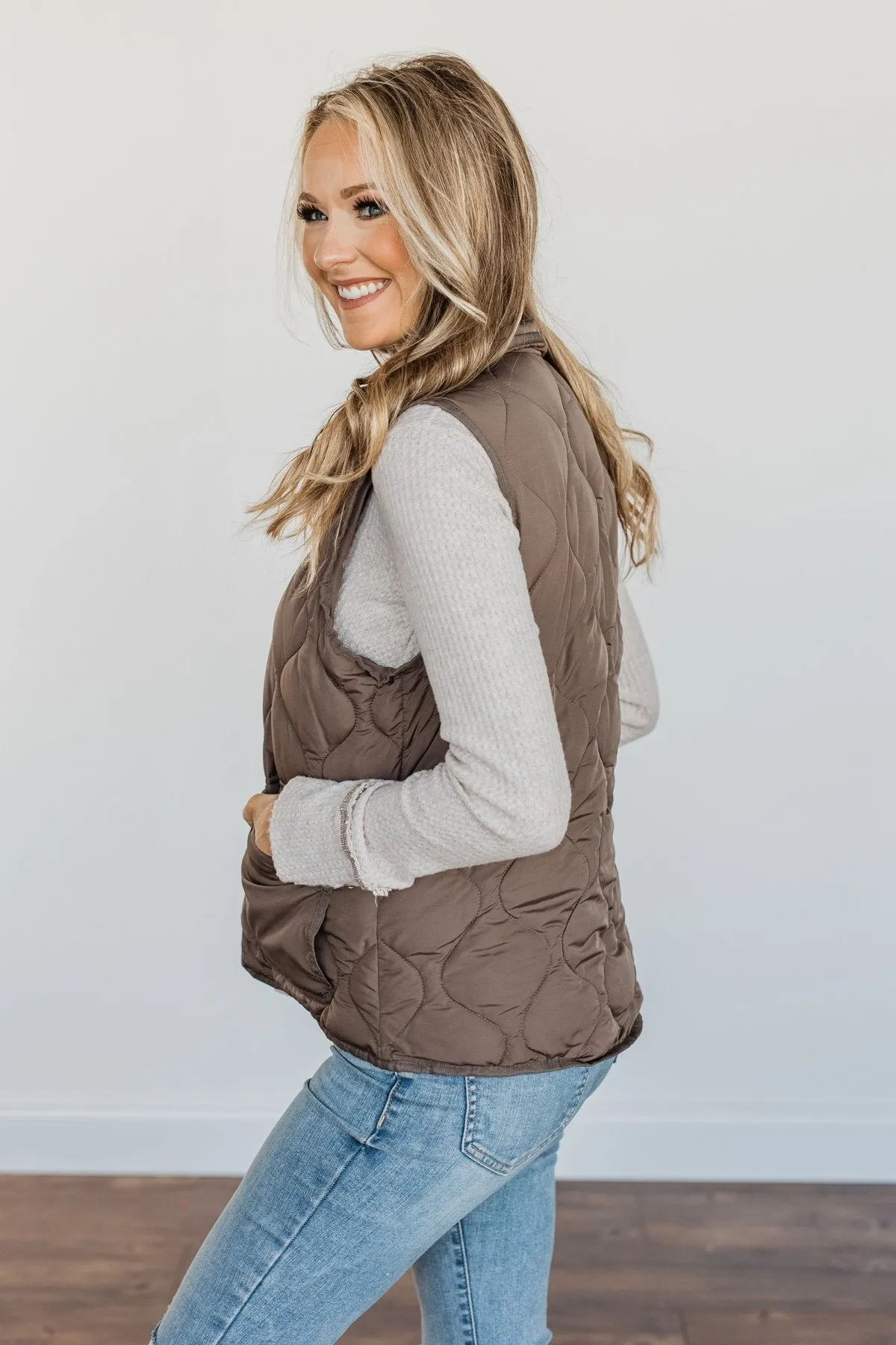 Warms My Heart Pocket Puffer Vest- Dark Taupe