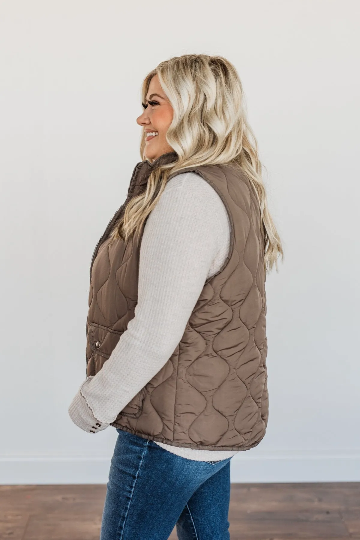 Warms My Heart Pocket Puffer Vest- Dark Taupe