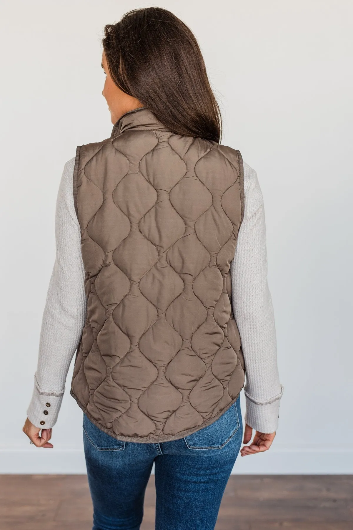 Warms My Heart Pocket Puffer Vest- Dark Taupe