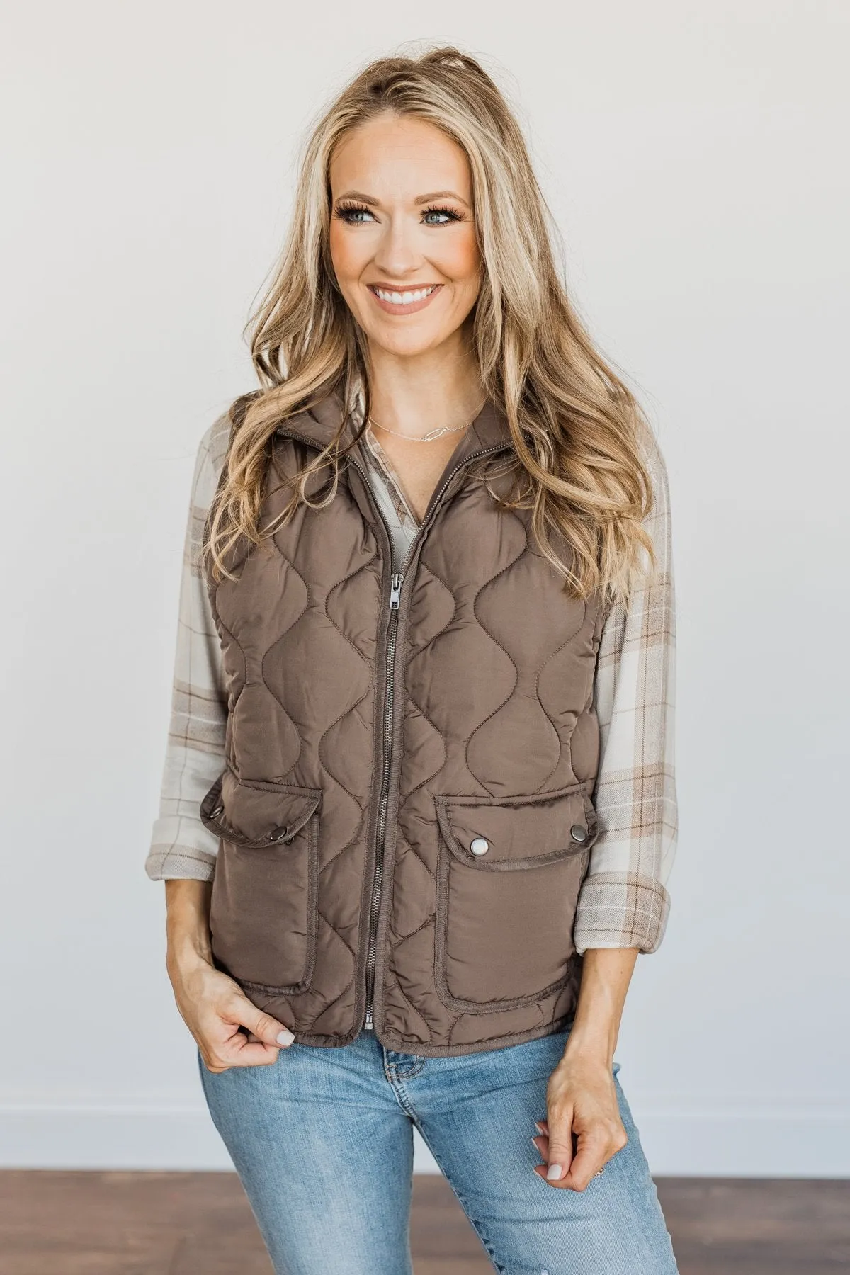 Warms My Heart Pocket Puffer Vest- Dark Taupe