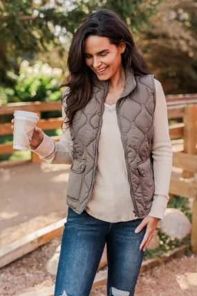 Warms My Heart Pocket Puffer Vest- Dark Taupe