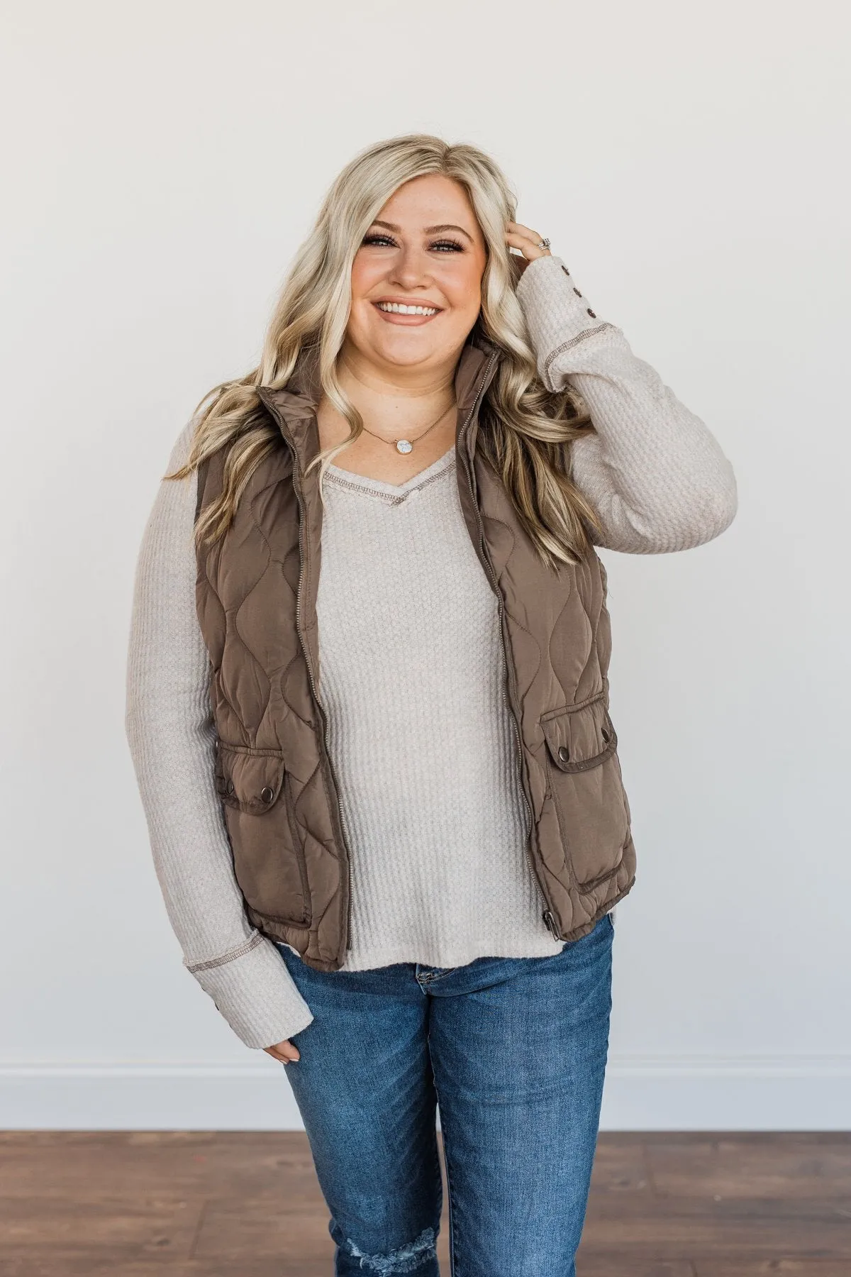 Warms My Heart Pocket Puffer Vest- Dark Taupe