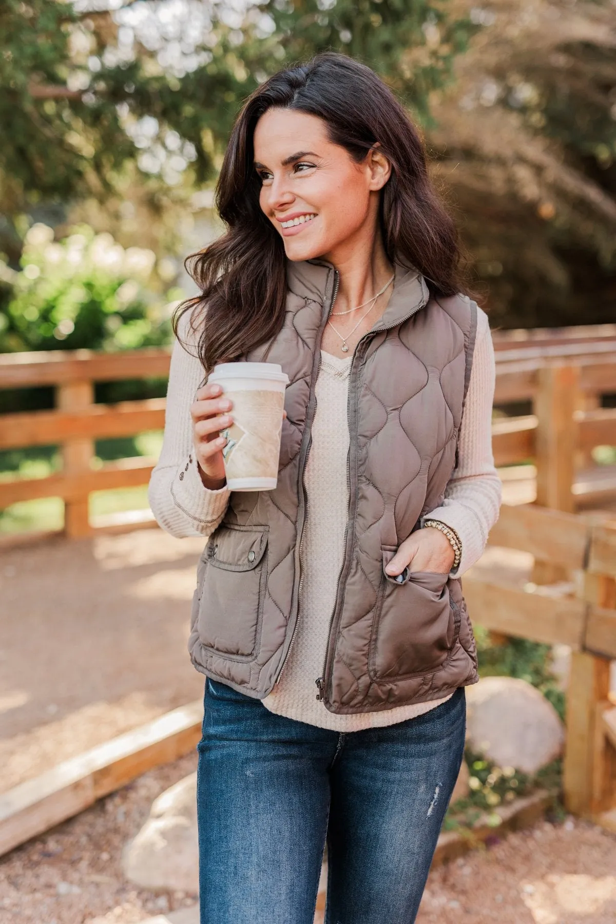 Warms My Heart Pocket Puffer Vest- Dark Taupe