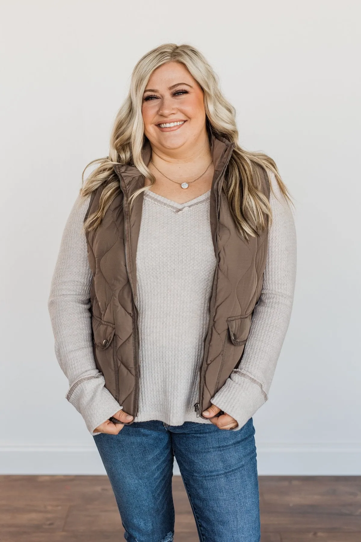 Warms My Heart Pocket Puffer Vest- Dark Taupe