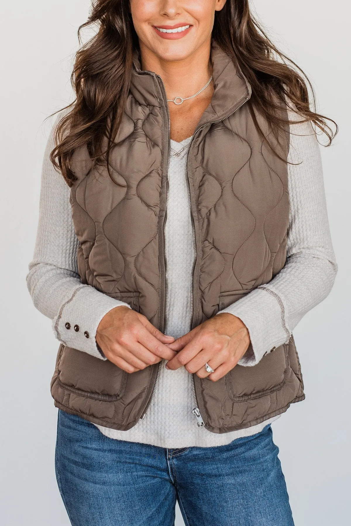 Warms My Heart Pocket Puffer Vest- Dark Taupe