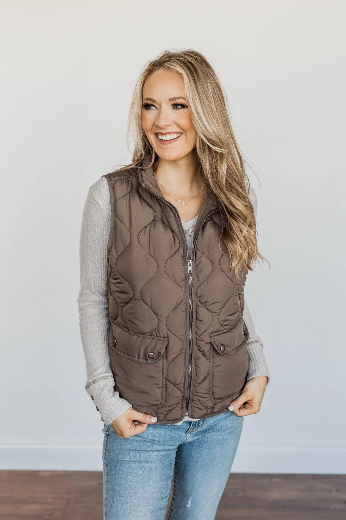 Warms My Heart Pocket Puffer Vest- Dark Taupe