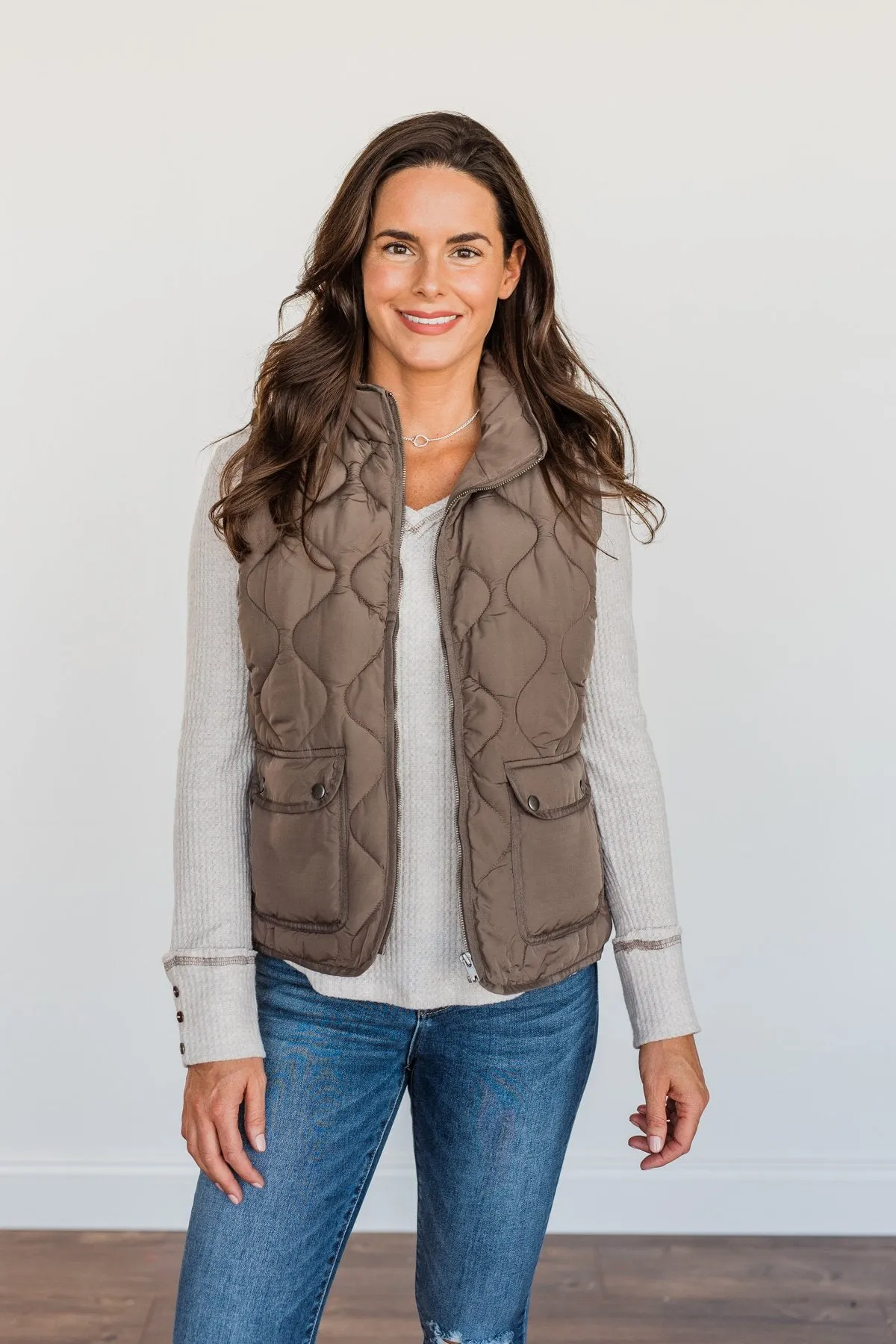 Warms My Heart Pocket Puffer Vest- Dark Taupe