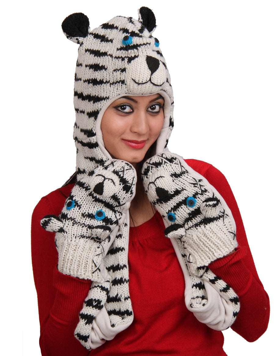 White Tiger Woolen Hat W' Mittens