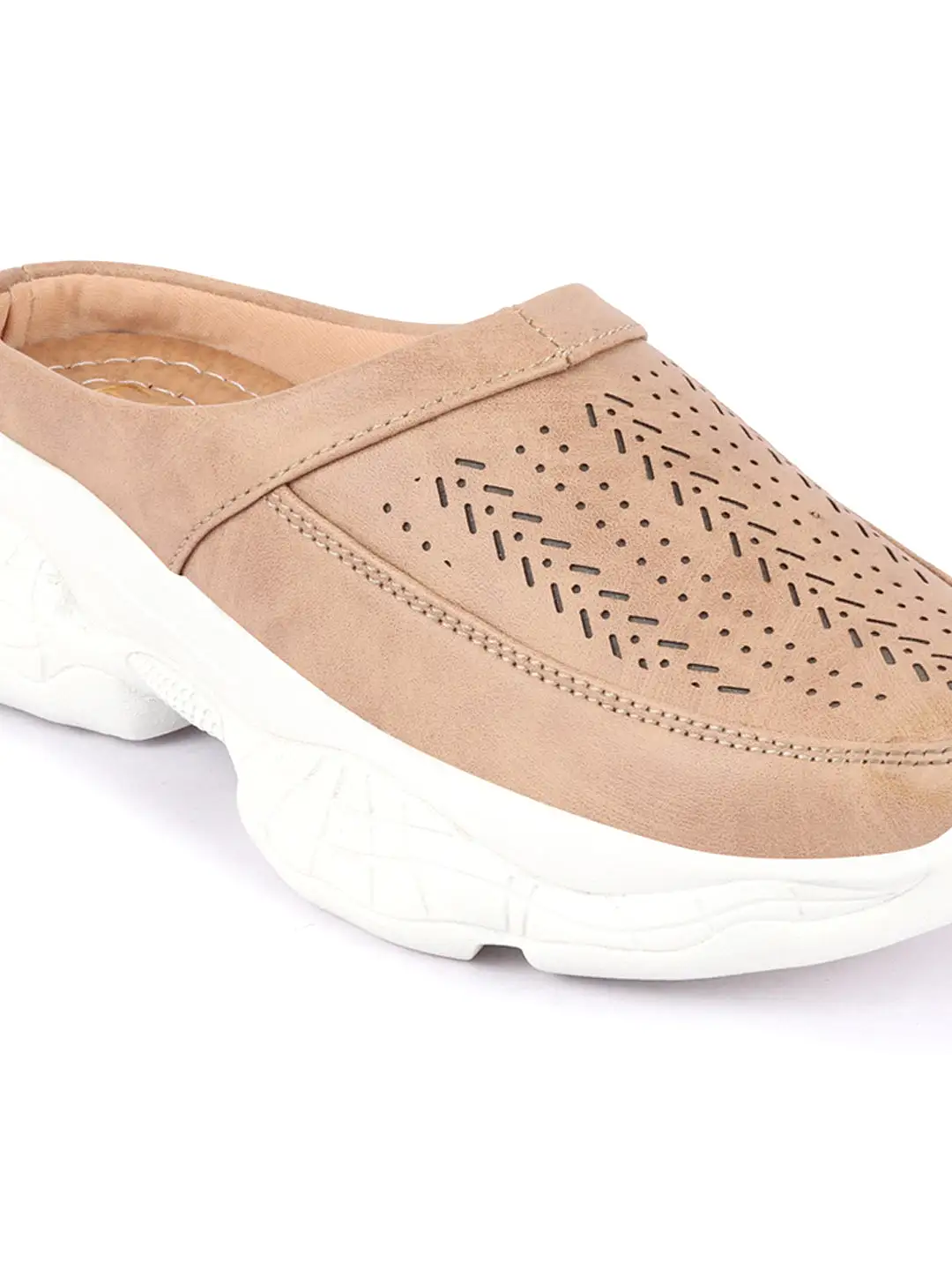 Women Beige Laser Cut Design Stitched Back Open Slip On Mules Shoes