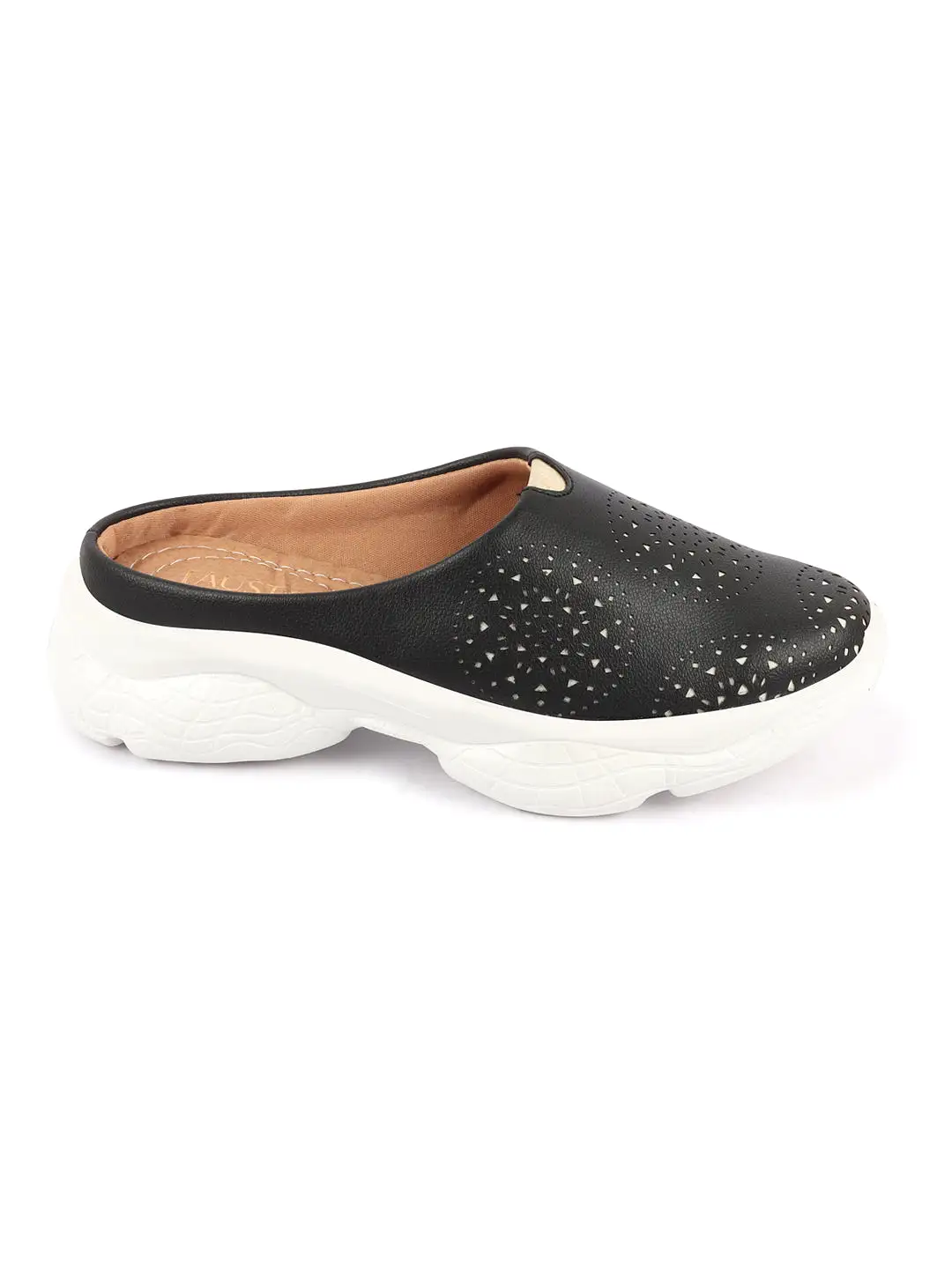 Women Black Laser Cut Design Back Open Slip On Mules Shoes