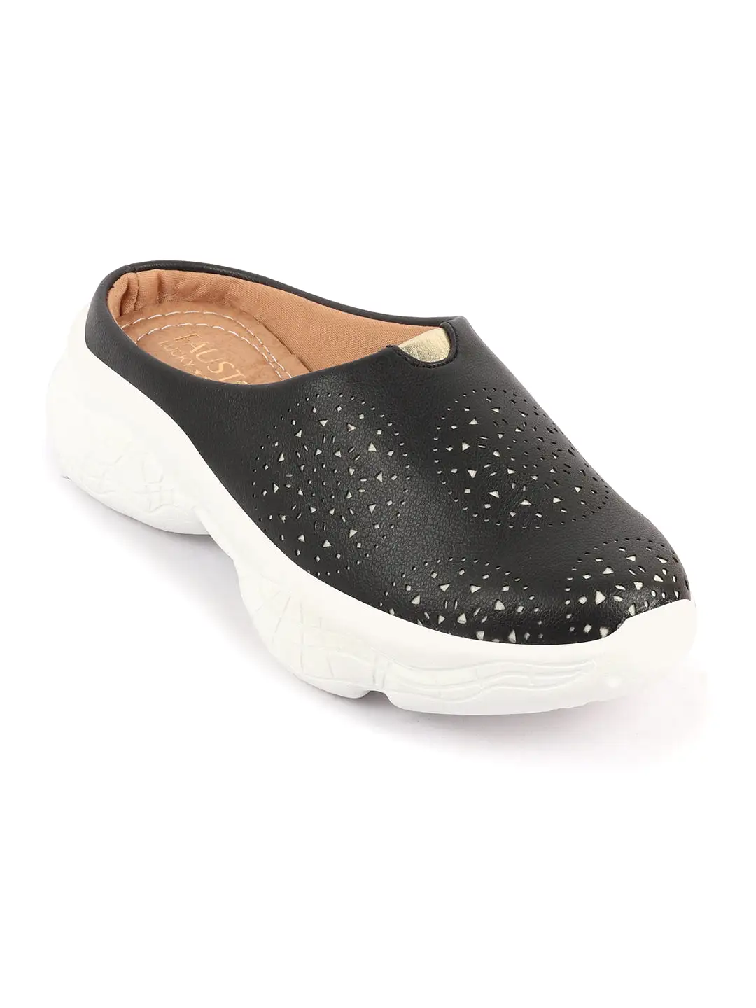 Women Black Laser Cut Design Back Open Slip On Mules Shoes