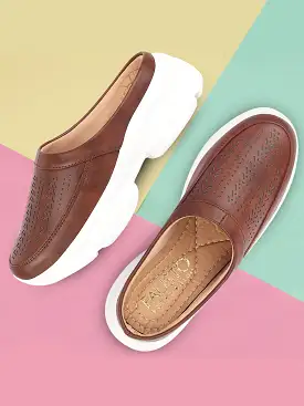 Women Brown Laser Cut Design Stitched Back Open Slip On Mules Shoes