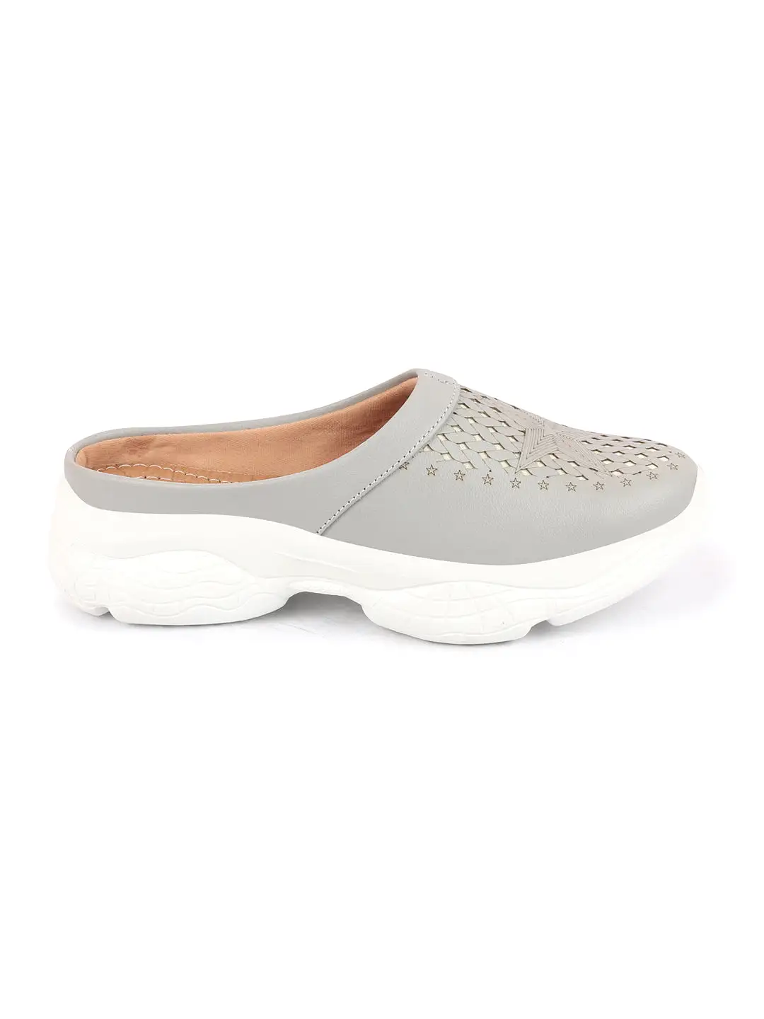 Women Grey Laser Cut Design Stitched Back Open Slip-On Mules Shoes