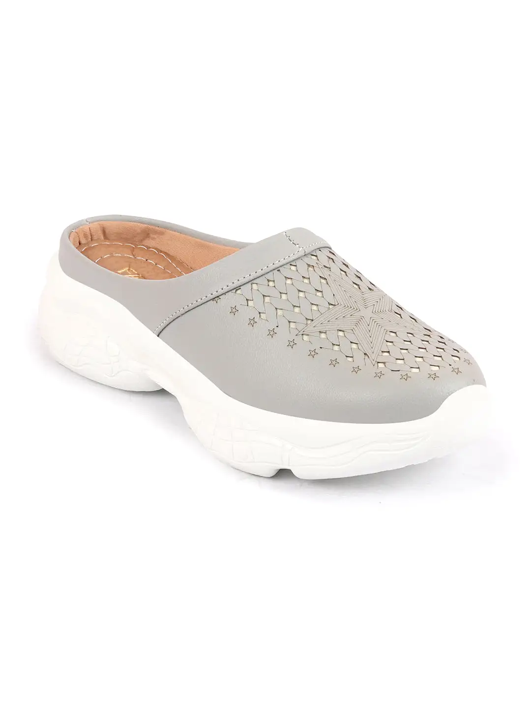 Women Grey Laser Cut Design Stitched Back Open Slip-On Mules Shoes