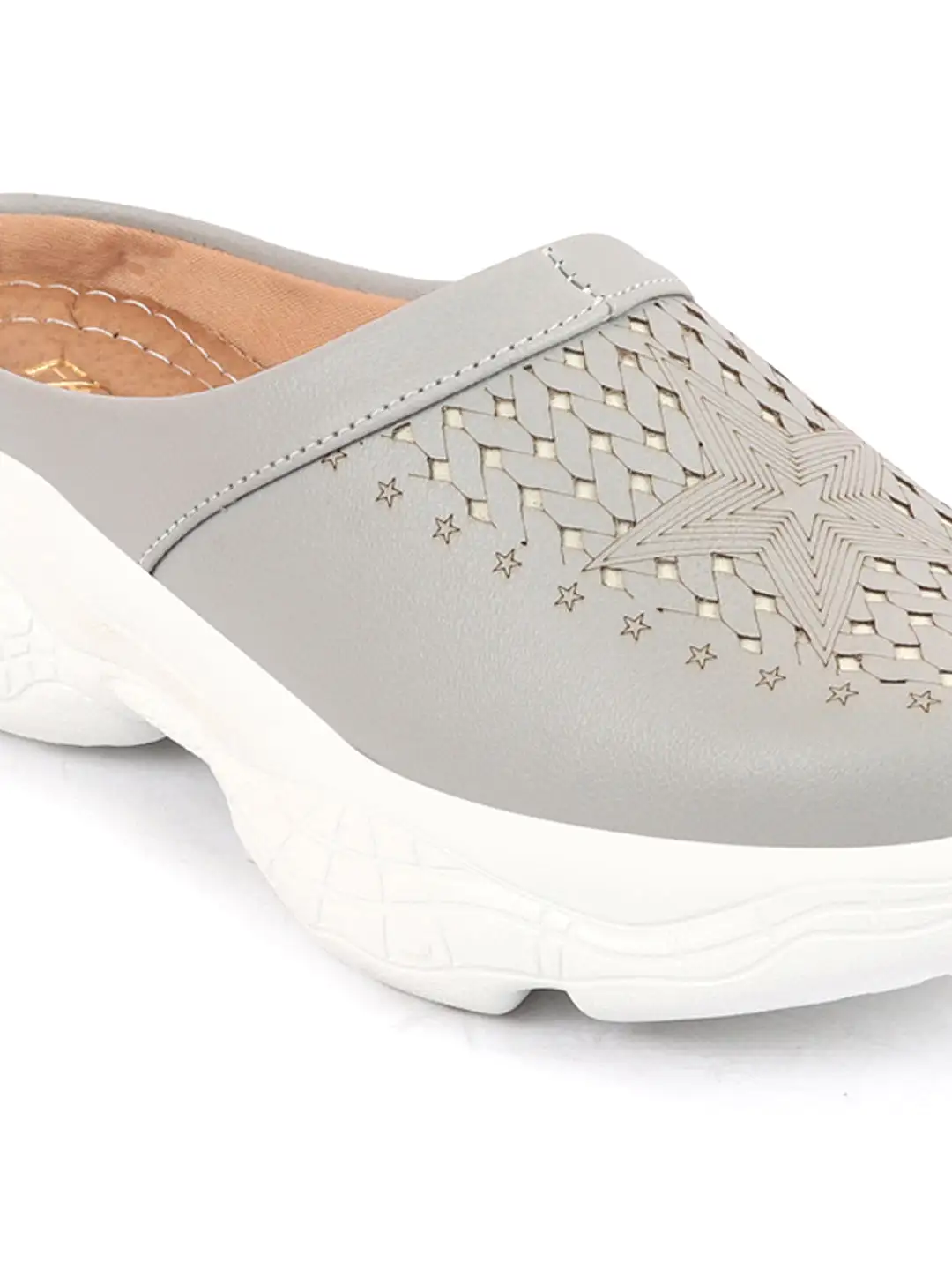 Women Grey Laser Cut Design Stitched Back Open Slip-On Mules Shoes