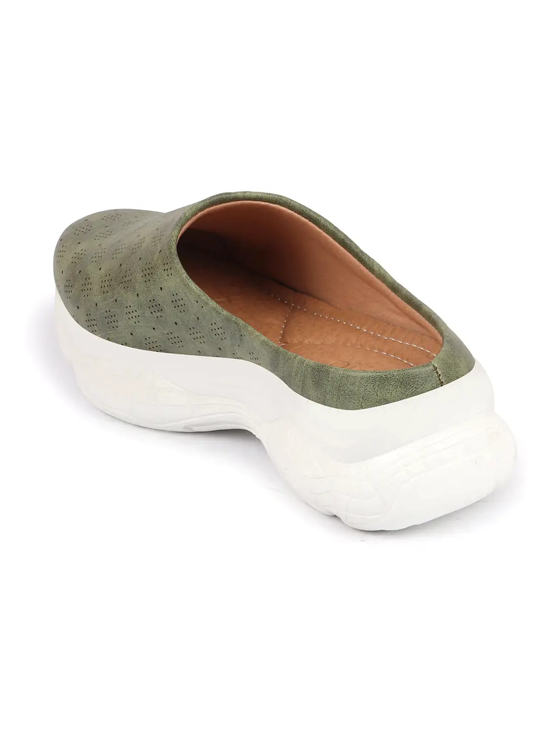 Women Olive Back Open Classic Design Slip On Mules Shoes