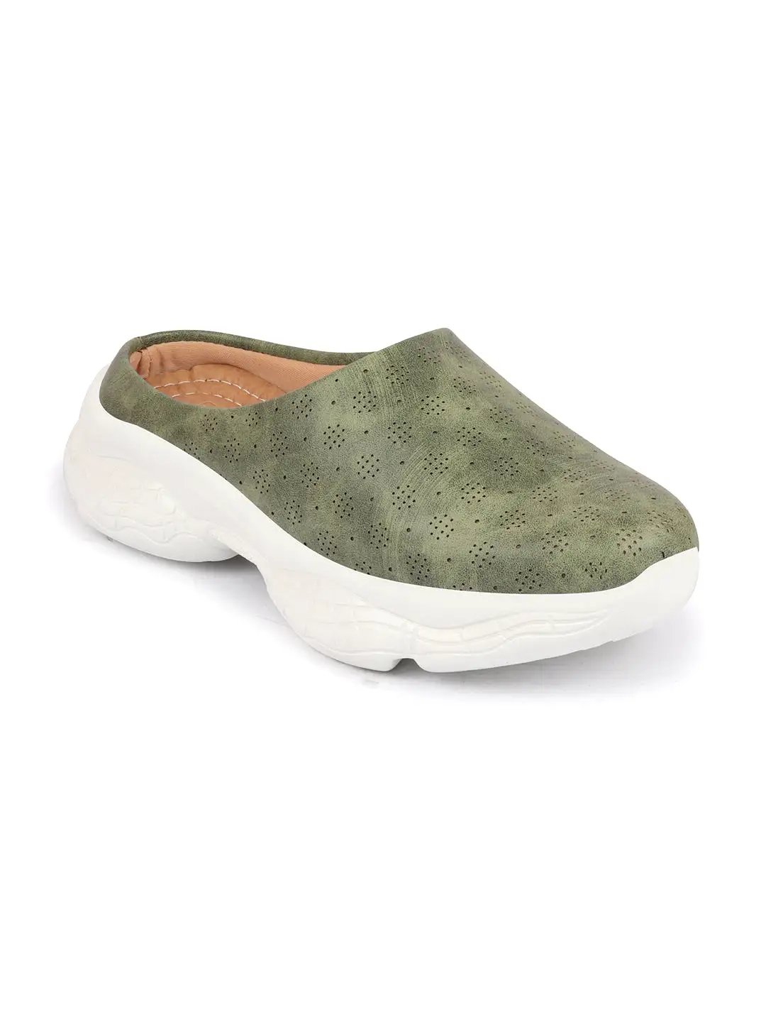 Women Olive Back Open Classic Design Slip On Mules Shoes