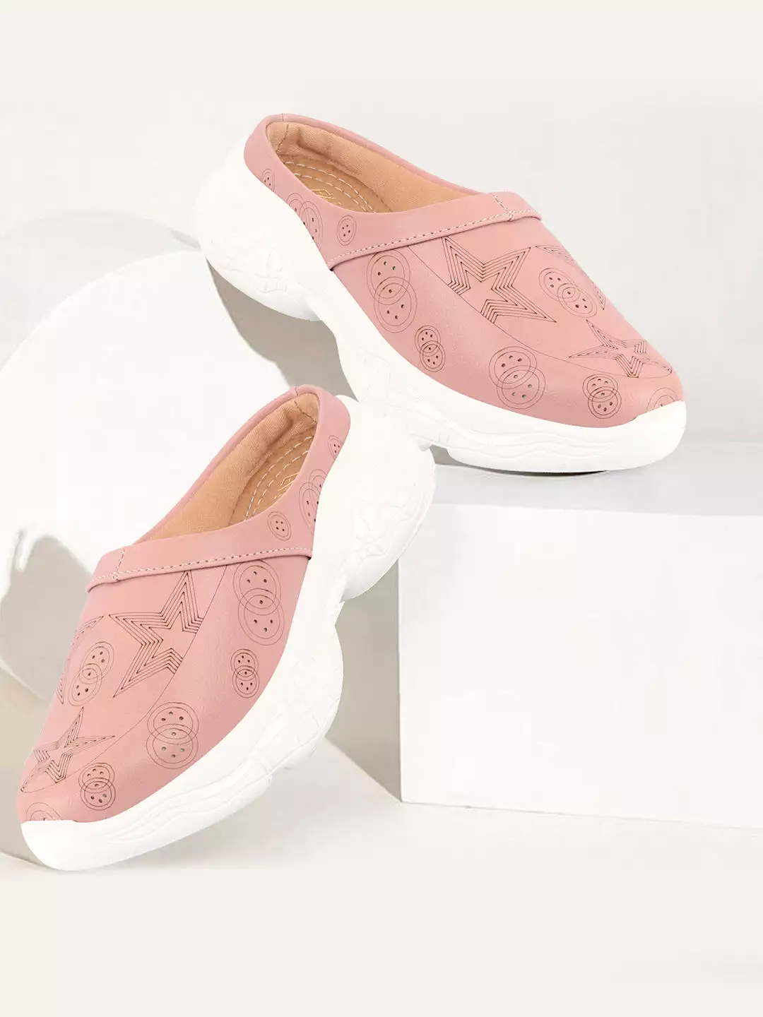 Women Peach Laser Cut Star Design Back Open Slip-On Mules Shoes