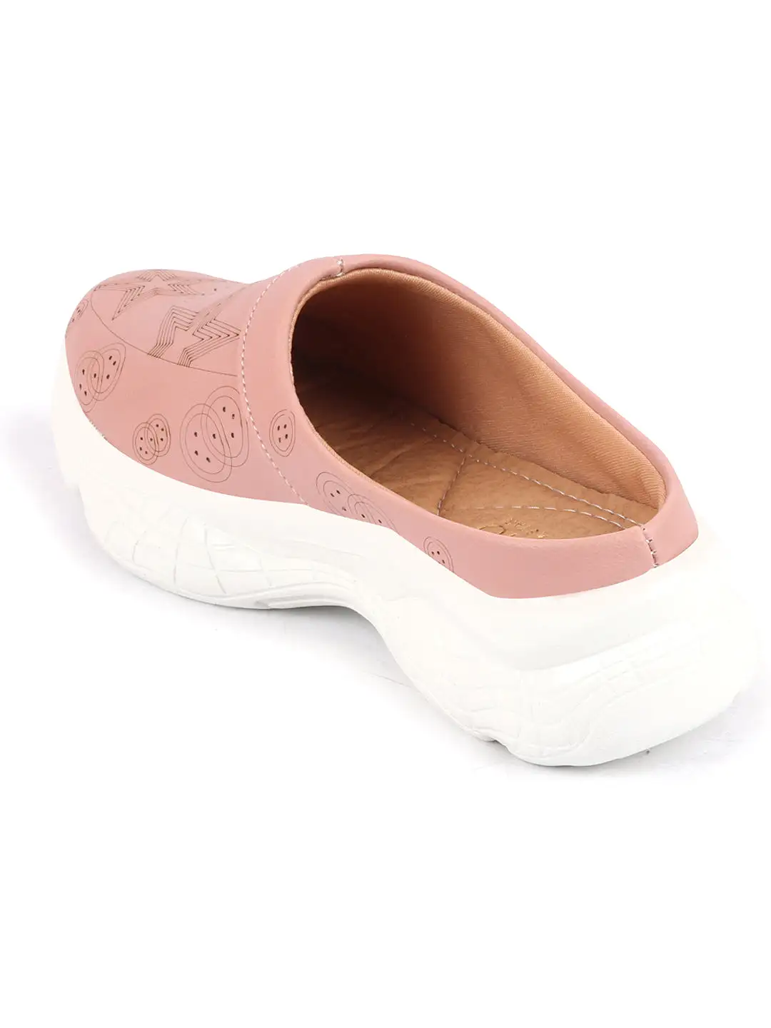 Women Peach Laser Cut Star Design Back Open Slip-On Mules Shoes