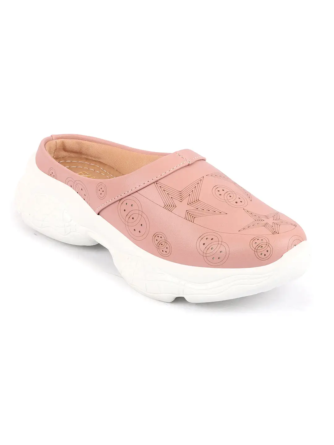 Women Peach Laser Cut Star Design Back Open Slip-On Mules Shoes