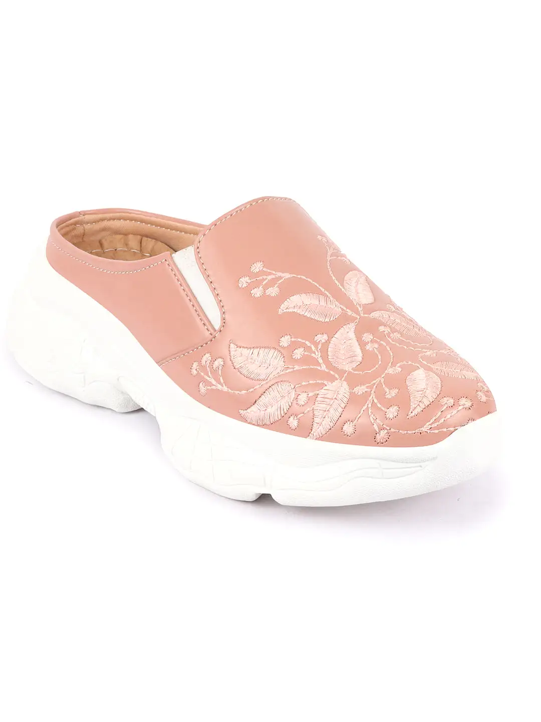 Women Peach Leaf Print Embroidery Design Back Open Slip On Mules Shoes