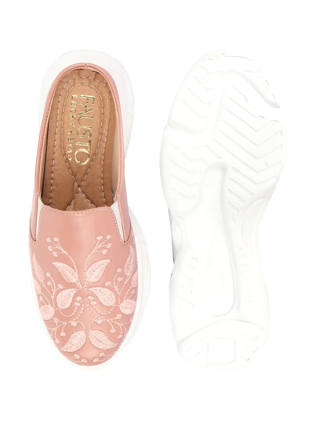 Women Peach Leaf Print Embroidery Design Back Open Slip On Mules Shoes