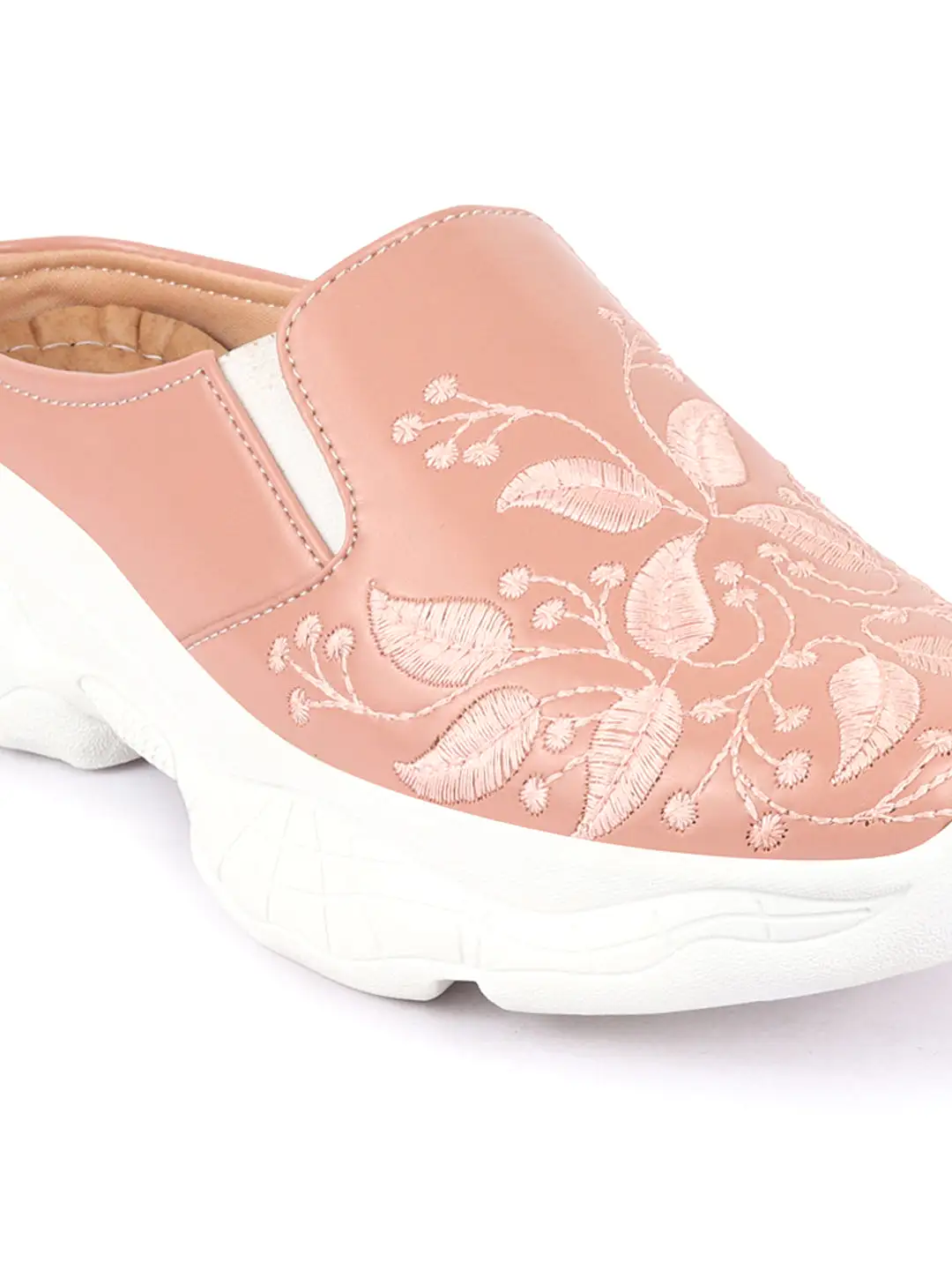 Women Peach Leaf Print Embroidery Design Back Open Slip On Mules Shoes