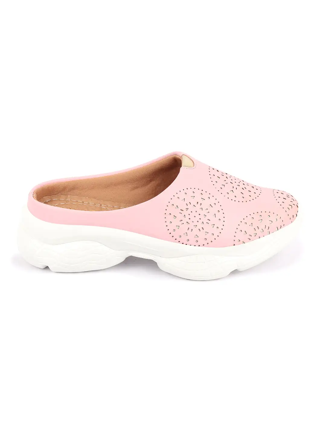 Women Pink Laser Cut Design Back Open Slip On Mules Shoes