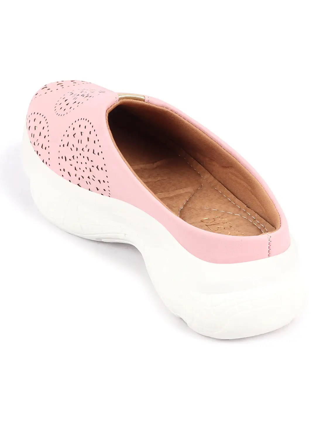 Women Pink Laser Cut Design Back Open Slip On Mules Shoes