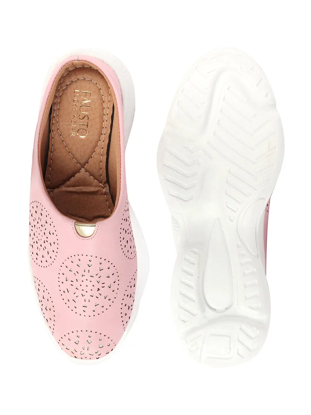 Women Pink Laser Cut Design Back Open Slip On Mules Shoes