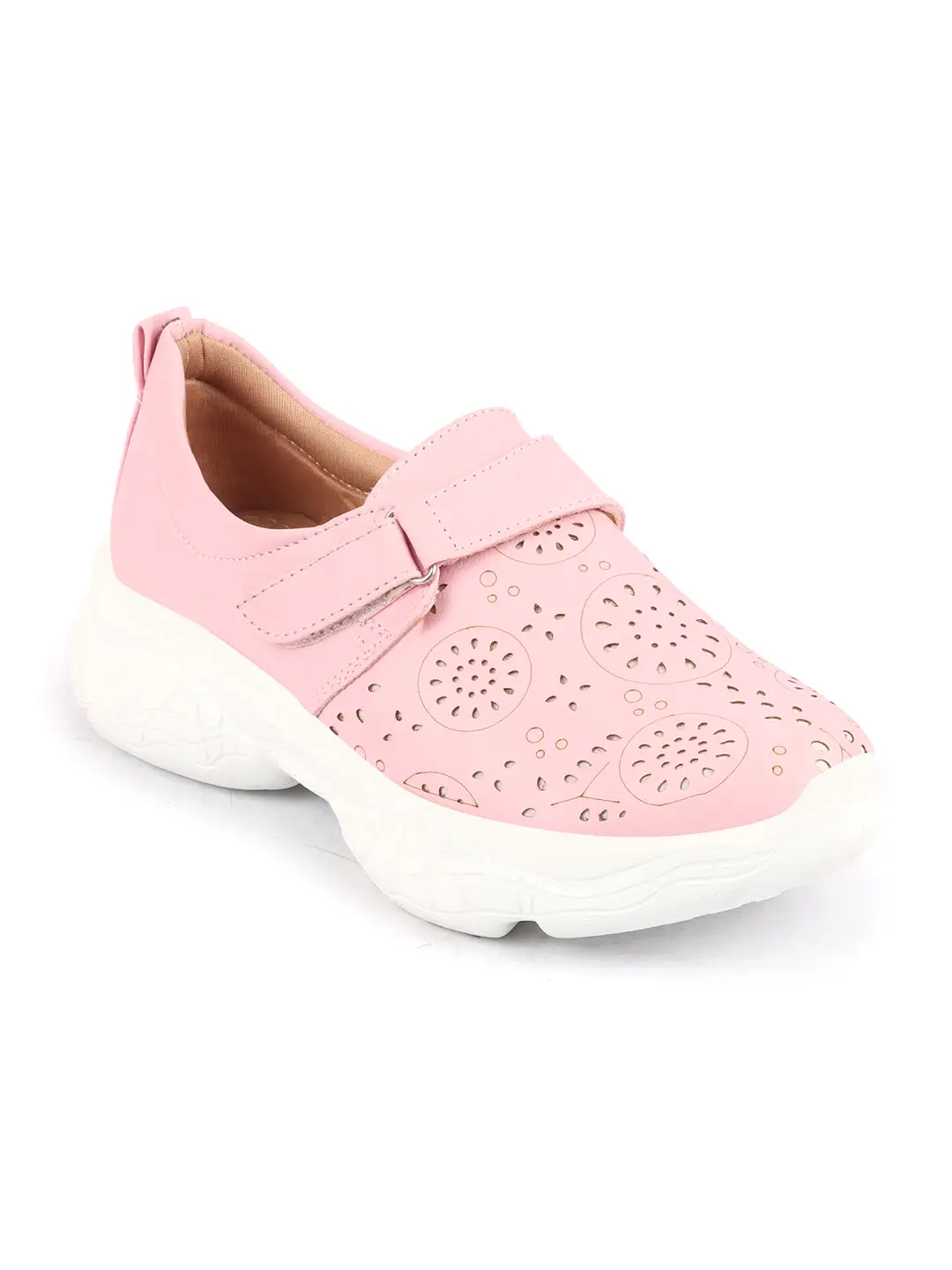 Women Pink Laser Cut Design Stitched Back Open Hook & Loop Buckle Mules Shoes