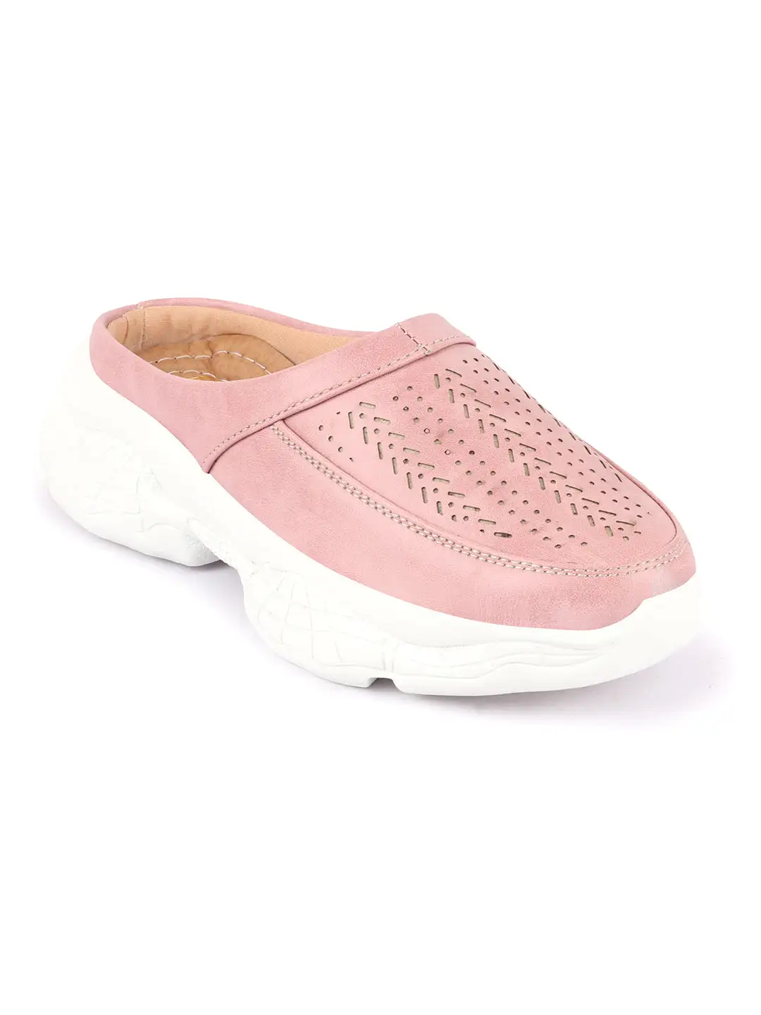 Women Pink Laser Cut Design Stitched Back Open Slip On Mules Shoes