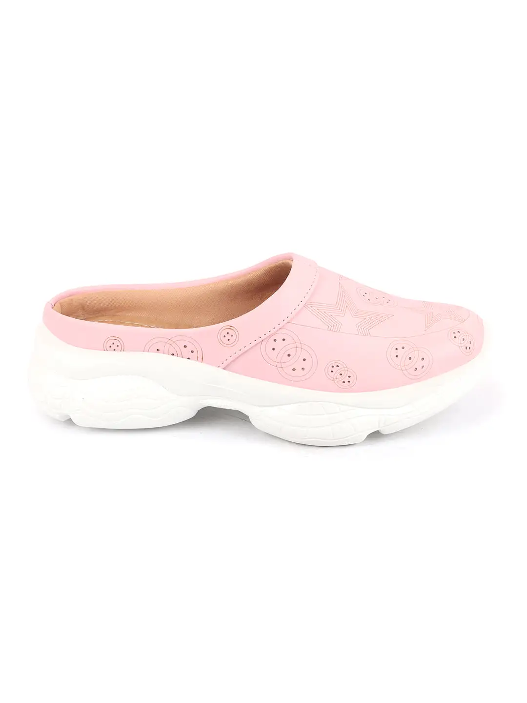 Women Pink Laser Cut Star Design Back Open Slip-On Mules Shoes