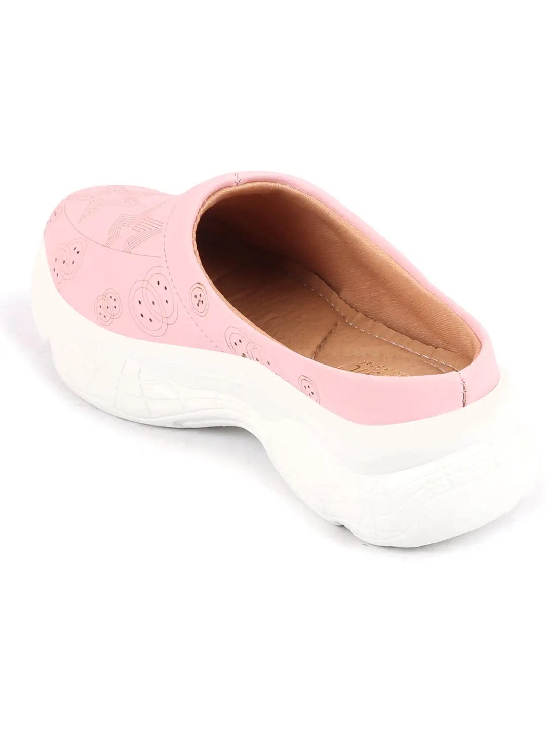 Women Pink Laser Cut Star Design Back Open Slip-On Mules Shoes