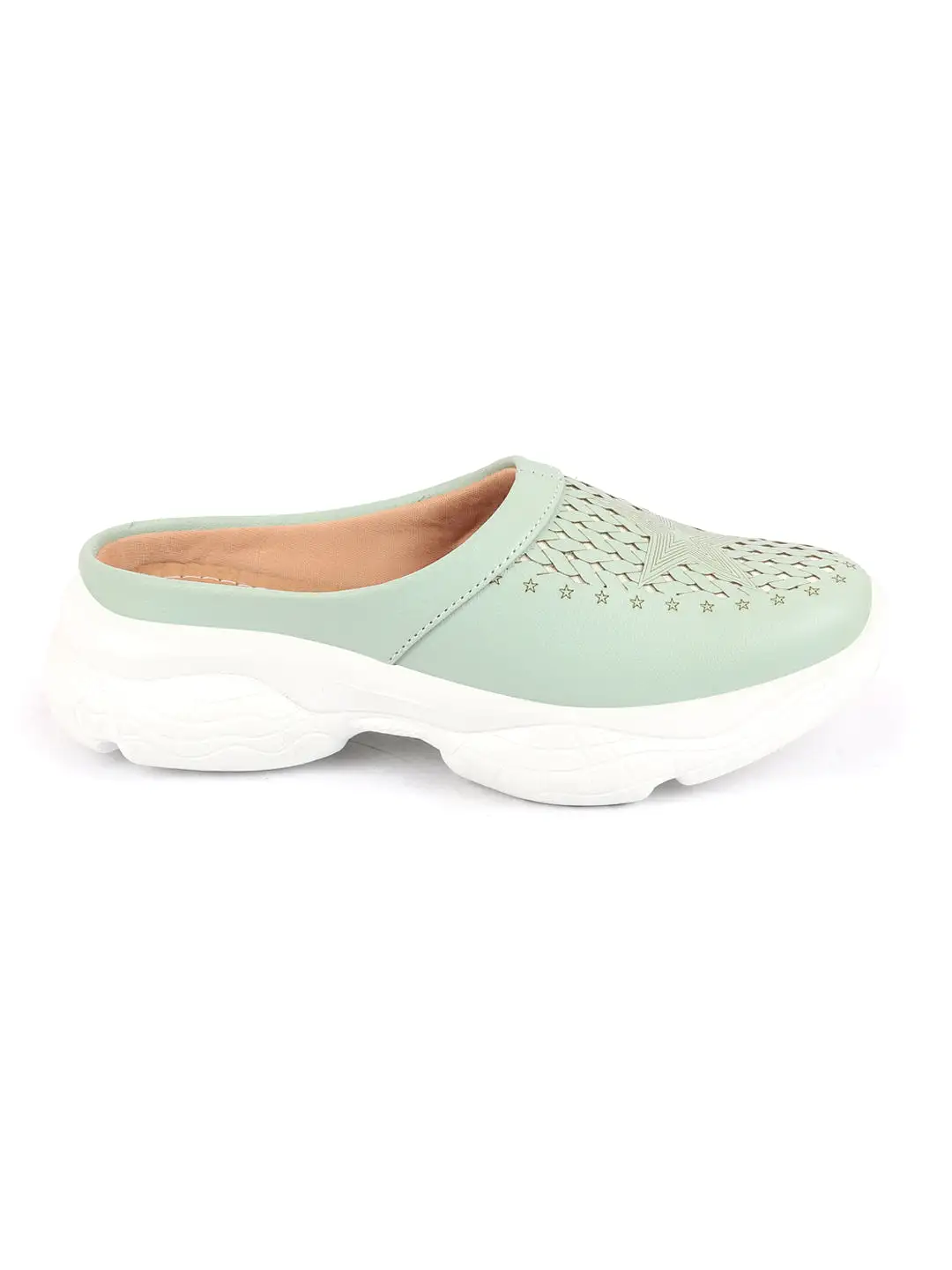 Women Pista Green Laser Cut Design Stitched Back Open Slip-On Mules Shoes