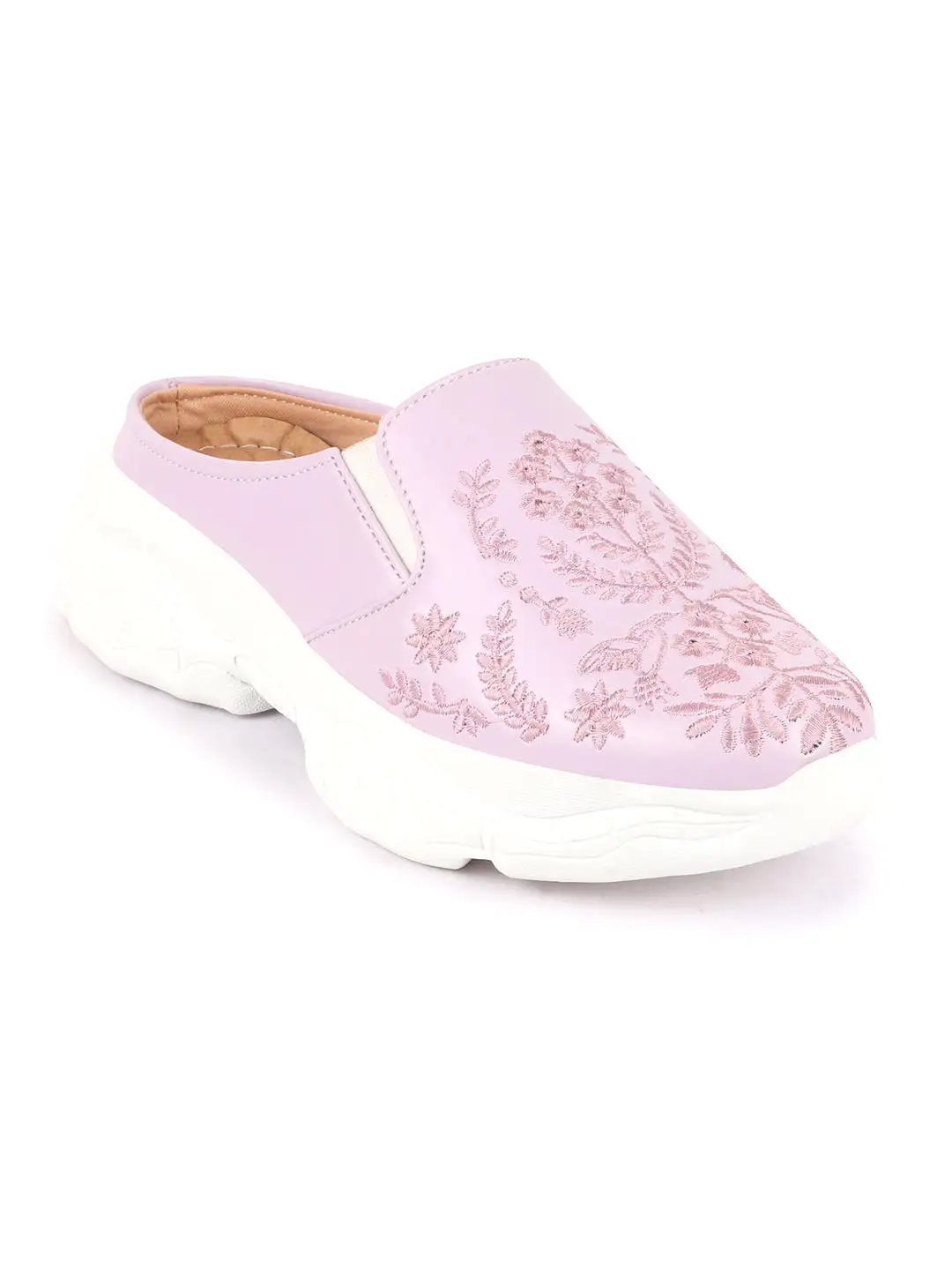 Women Purple Floral Print Embroidery Design Back Open Slip On Mules Shoes