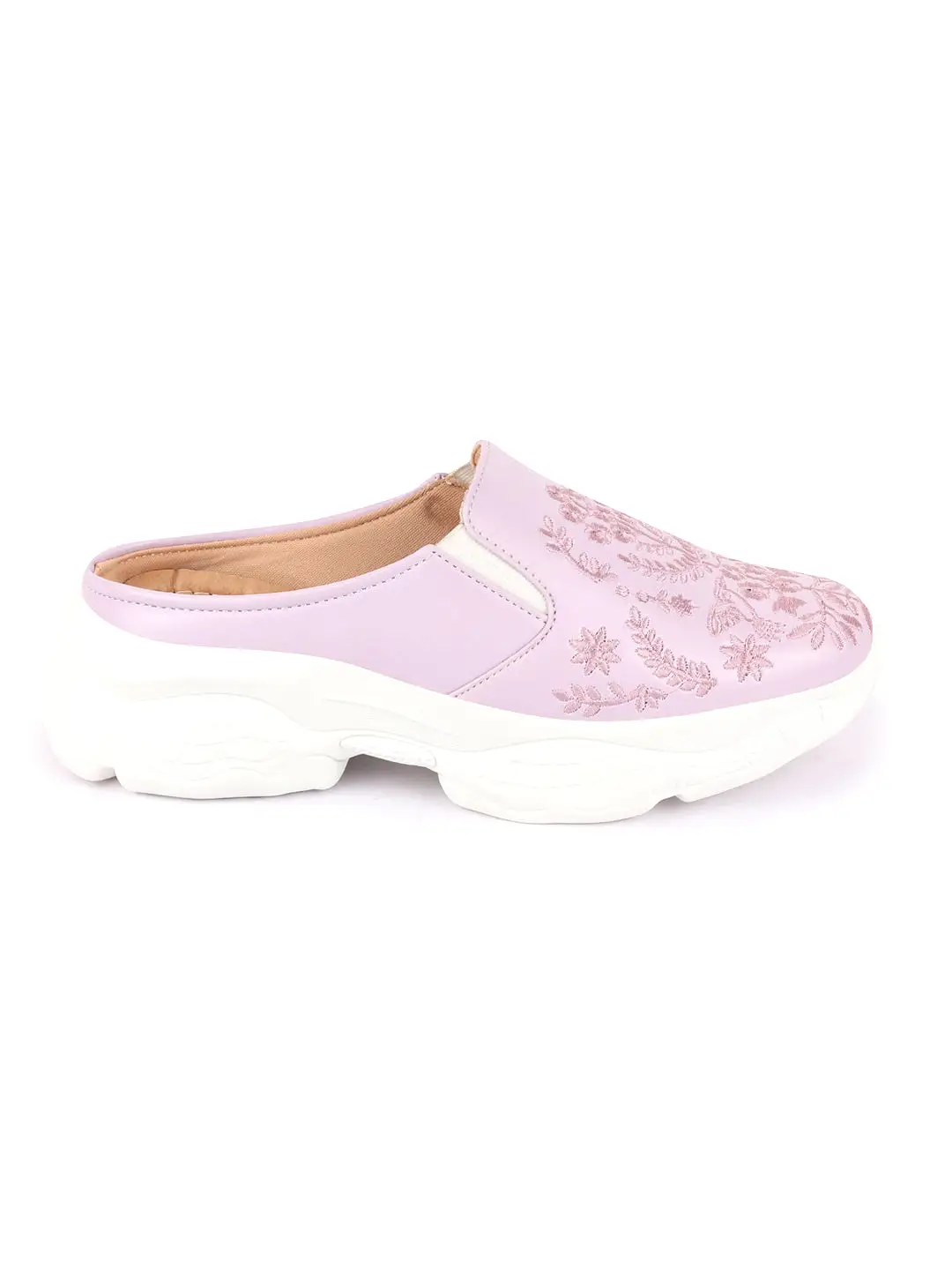 Women Purple Floral Print Embroidery Design Back Open Slip On Mules Shoes