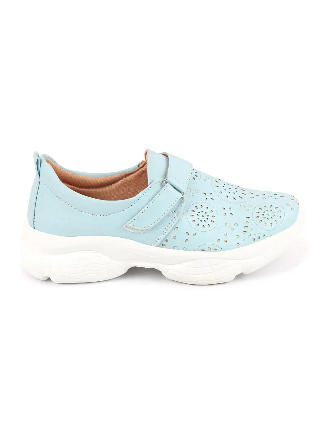 Women Sky Blue Laser Cut Design Stitched Back Open Hook & Loop Buckle Mules Shoes