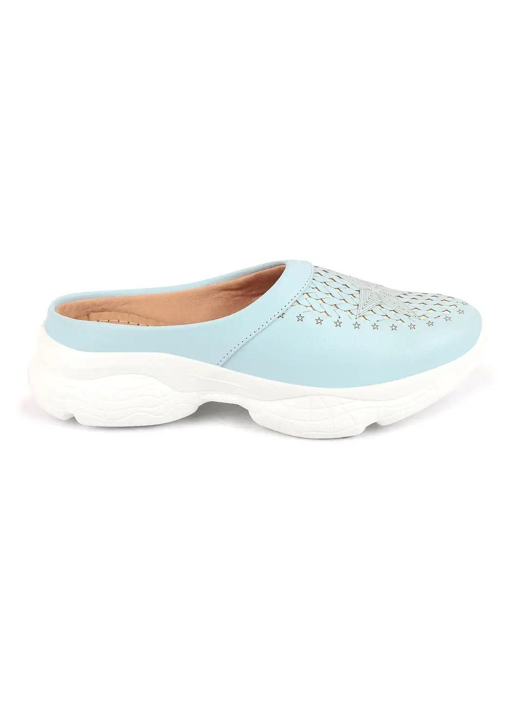 Women Sky Blue Laser Cut Design Stitched Back Open Slip-On Mules Shoes