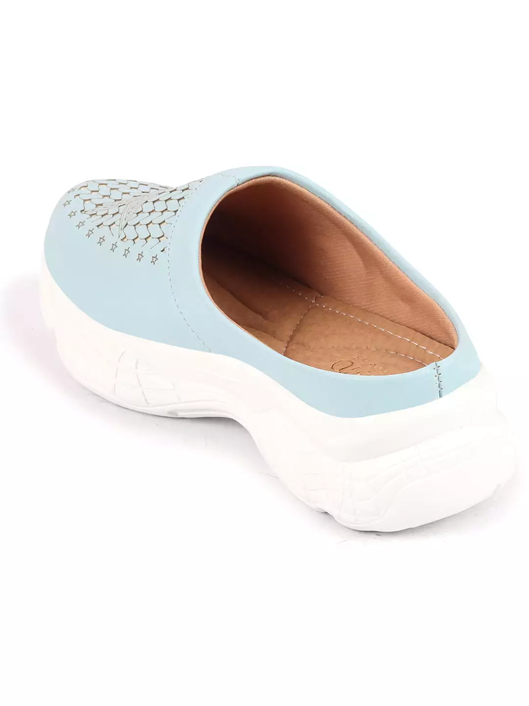 Women Sky Blue Laser Cut Design Stitched Back Open Slip-On Mules Shoes