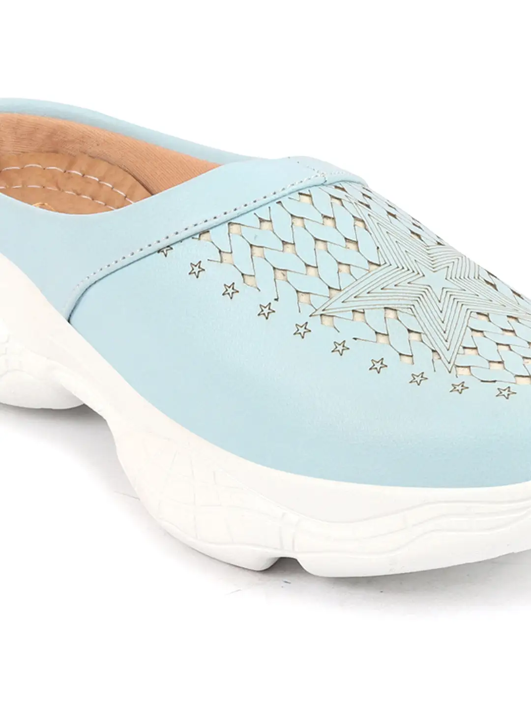 Women Sky Blue Laser Cut Design Stitched Back Open Slip-On Mules Shoes