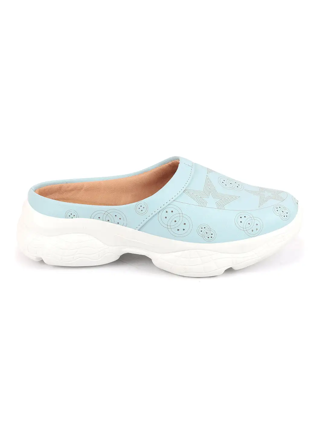 Women Sky Blue Laser Cut Star Design Back Open Slip-On Mules Shoes