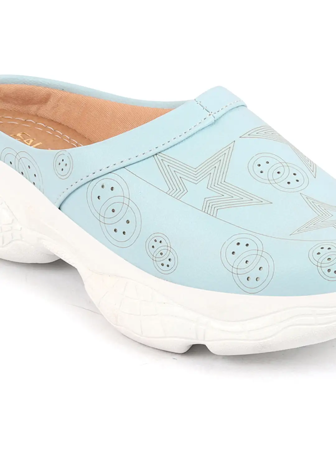 Women Sky Blue Laser Cut Star Design Back Open Slip-On Mules Shoes