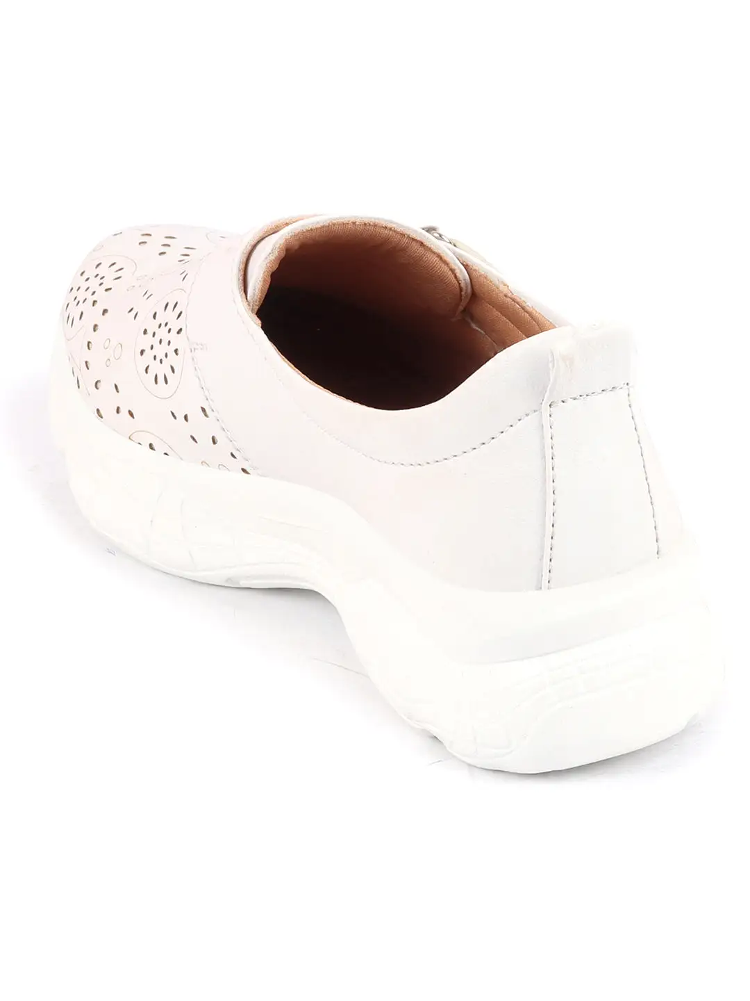 Women White Laser Cut Design Stitched Back Open Hook & Loop Buckle Mules Shoes