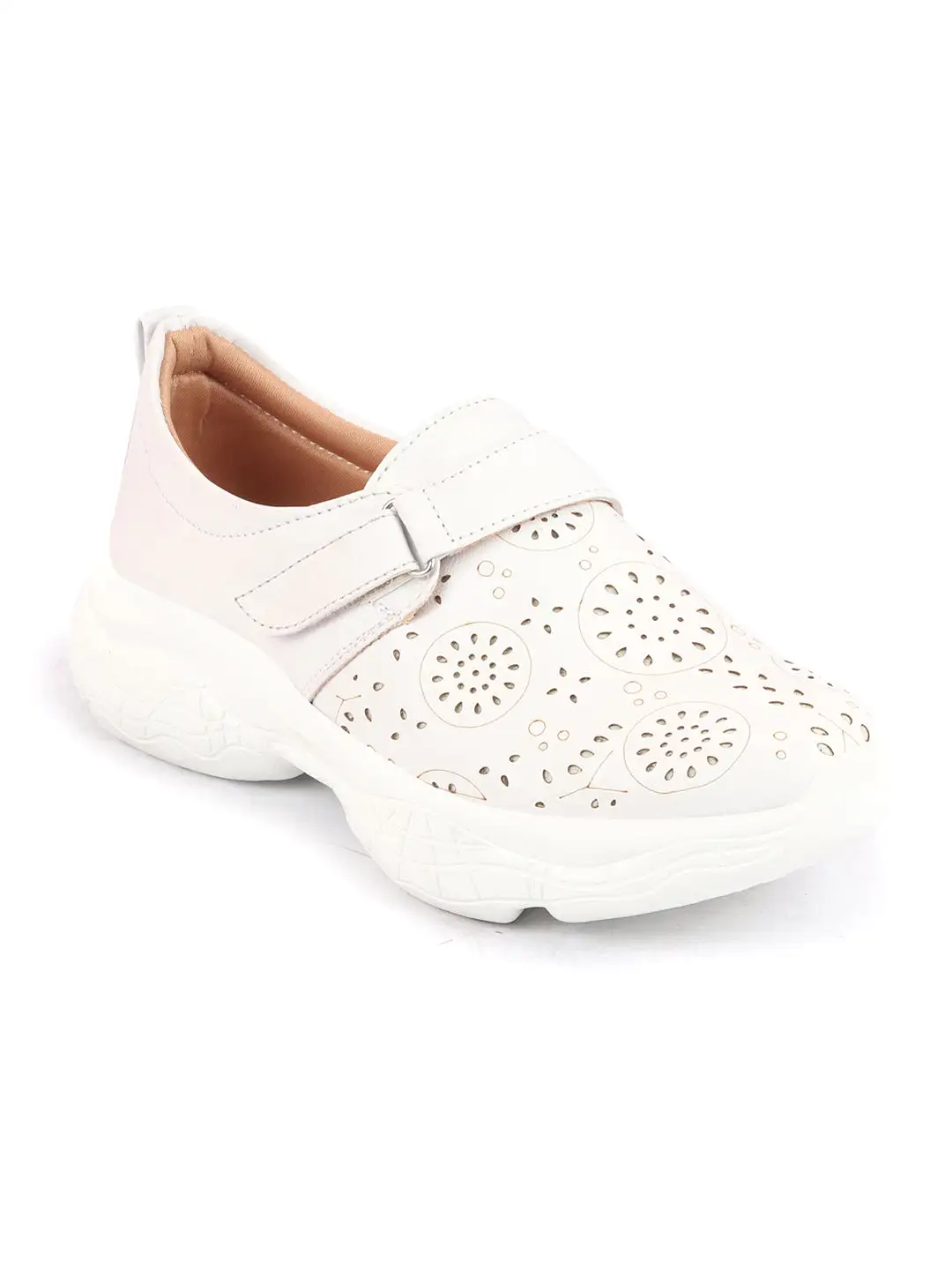 Women White Laser Cut Design Stitched Back Open Hook & Loop Buckle Mules Shoes